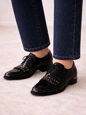 Salvatore Ferragamo Lavon Fringe Oxford Black Leather Italy Women 11B